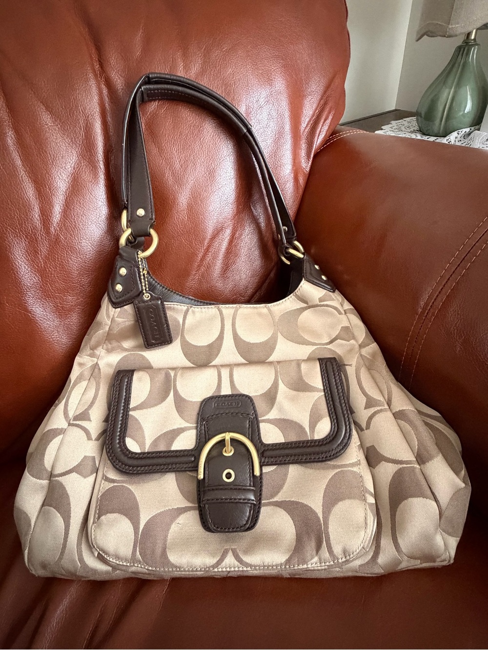 Coach Signature Jacquard Shoulder Bag with Brown Leather Trim